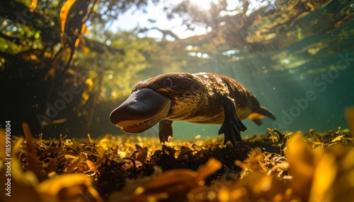Platypus Foraging on Sunlit Riverbed