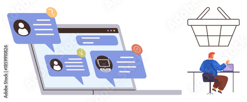 Laptop screen with user chat bubbles, person working on laptop, and a shopping basket. Ideal for e-commerce, customer service, online support, communication, digital marketing, remote work virtual