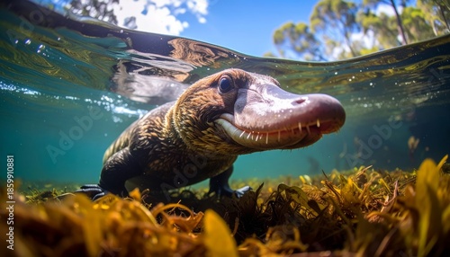 Platypus Foraging Underwater in Clear Stream