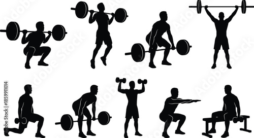 Weightlifting workout silhouettes of men exercising with barbells, dumbbells, squats, deadlifts, strength training poses, fitness gym bodybuilding illustration set