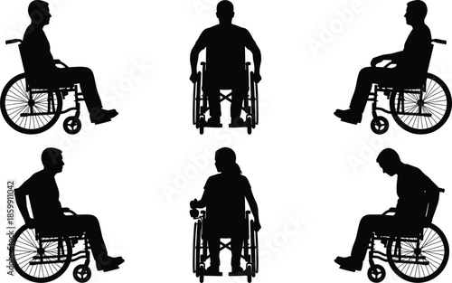 Wheelchair user silhouettes, disabled person illustration, mobility support icons, rehabilitation patient poses, accessibility concept figures for medical, hospital, healthcare design
