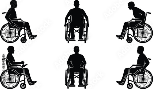 Wheelchair user silhouettes, disabled person sitting poses, mobility support icons, rehabilitation patient figures, medical healthcare accessibility illustration set