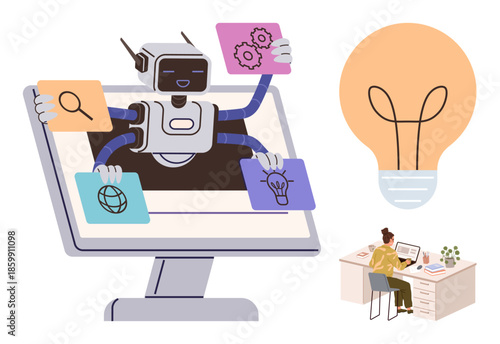 Robot extending arms from monitor holding icons for search, settings, internet, and ideas, with nearby worker at desk and lightbulb for creativity. Ideal for technology, AI innovation, multitasking