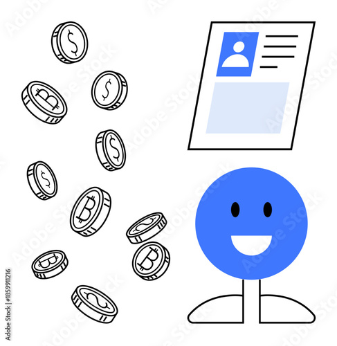 Cryptocurrency concept. Cryptocurrency coins digital transactions, while user profile highlights identity security. Cryptocurrency links to online finance, blockchain tech, and digital wallets. Ideal