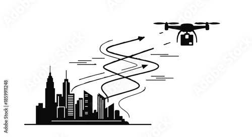 Drone capturing aerial view of modern city skyline with abstract flight path