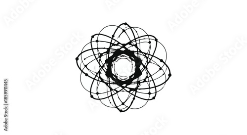 Abstract geometric atomic structure with orbiting particles on a white background