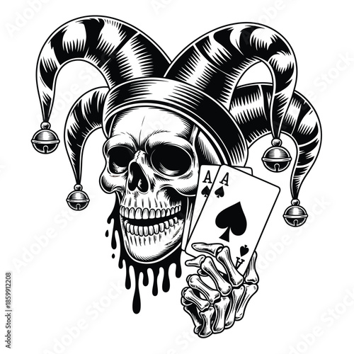 A dark and eerie jester skull holding playing cards dripping ink
