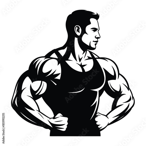 A muscular man in a tank top flexing his biceps black and white