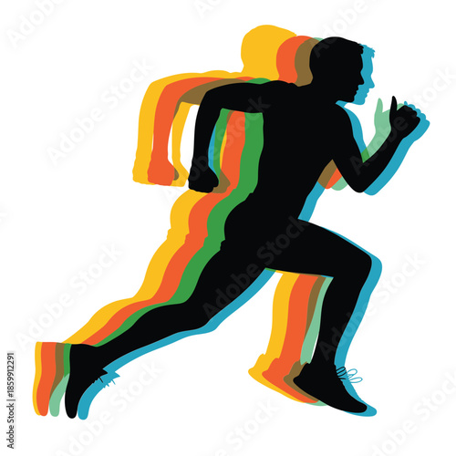 Silhouette of a running man with vibrant layered color trails