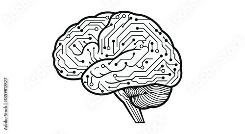 Conceptual illustration of a brain integrated with electronic circuit board pathways.