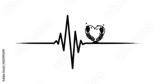 Evolving heartbeat line with a heart formed by two parrots, symbolizing love and life.