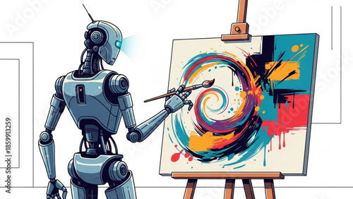 Robot artist painting colorful abstract art on canvas with brush