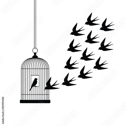 Empty birdcage with released birds flying towards freedom and open space