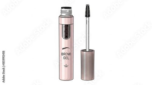 Rose gold brow gel tube and mascara wand on white background, beauty product illustration, cosmetic