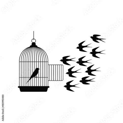 An open birdcage with a single bird and flock taking flight