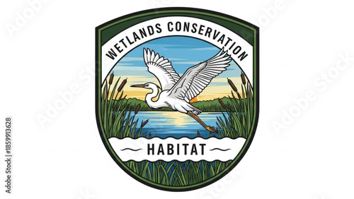 Great Egret in flight over a wetland habitat environmental conservation logo with text for nature protection illustration on white