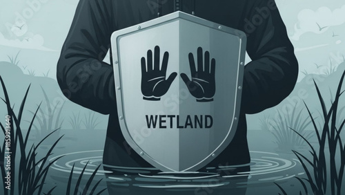 Person holding a shield with wetland symbol protecting nature and environment conservation concept illustration