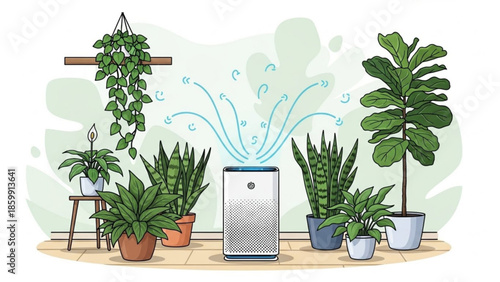 Air purifier surrounded by various potted plants in a clean indoor environment