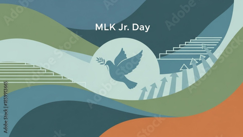 MLK Jr Day graphic with dove of peace and ascending arrows representing hope and progress abstract background for celebration