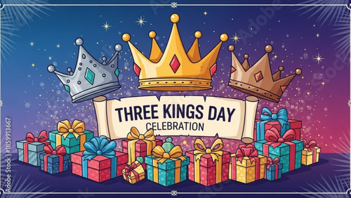 Three Kings Day Celebration: Capturing the spirit of the Three Kings Day celebration. Crowns and gift boxes come together to mark a festive event.