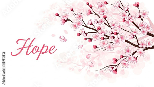 Cherry Blossom and Hope: A serene illustration of cherry blossoms in full bloom, petals gently falling against a backdrop that evokes a feeling of optimism and the promise of a fresh beginning.