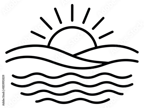 Hand drawn line art illustration of a scenic sunrise over hills and water depicting a tranquil landscape for nature and travel themes