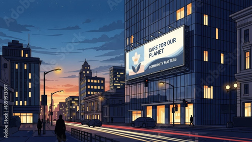 City street at dusk with a billboard promoting environmental care urban landscape with glowing windows and streetlights