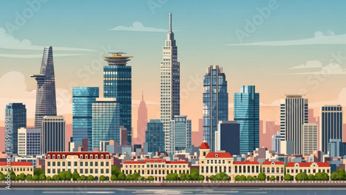 Modern city skyline with skyscrapers and historic buildings along waterfront, urban landscape illustration