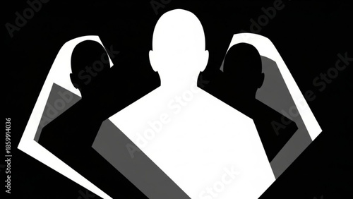 Silhouette of people in a row against a black background with abstract shapes