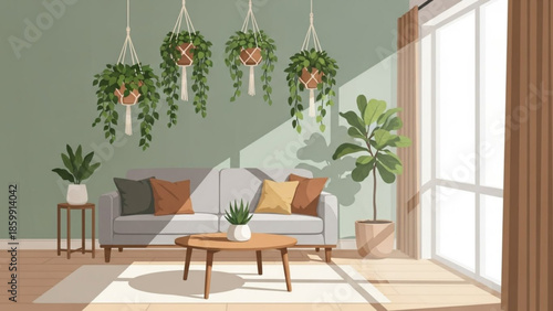 Cozy living room with sofa, coffee table, hanging plants, and natural light