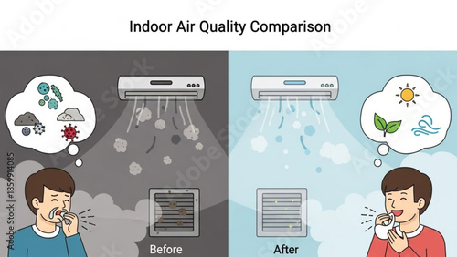 Air purification system comparison before and after illustration showing improved indoor air quality