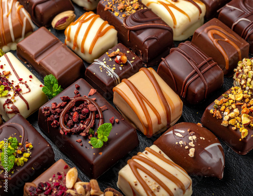 A luxurious assortment of handcrafted gourmet chocolates with various toppings and fillings, showcasing rich textures and colors.