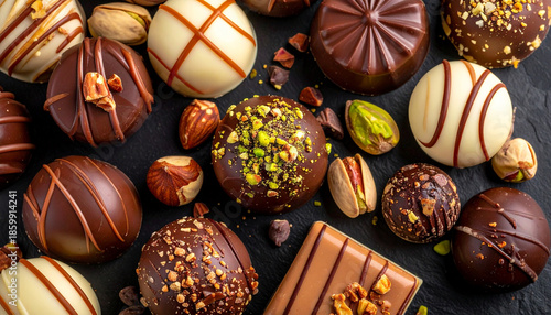 An overhead view of a luxurious assortment of gourmet chocolates and truffles, adorned with various nuts and decorative drizzles, presented on a dark background.