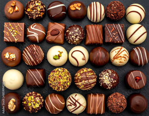 An overhead view of an assortment of gourmet chocolate truffles and pralines arranged neatly on a dark surface, showcasing various toppings and designs.