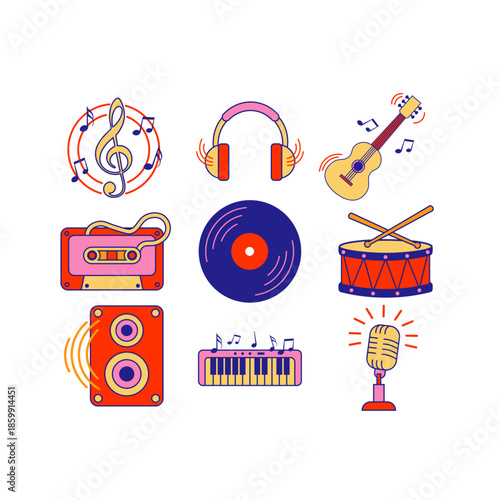 Vibrant Music and Audio Instrument Icon Set Featuring Retro Cassette Tape, Vinyl Record, Acoustic Guitar, Drum Kit, and Studio Microphone in a Modern Colorful Outline Style.