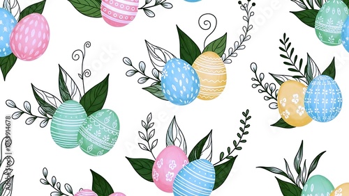 Hand Painted Easter Egg Botanical Seamless Pattern With Pastel Spring Florals And Green Leaves On White Background For Holiday Wrapping Paper Fabric Wallpaper And Nursery Design