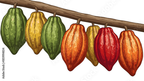 Vibrant cacao pods on branch, showcasing various ripening stages from green to red, isolated on white