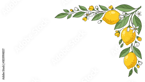 Botanical Lemon Branch Corner Frame with Yellow Fruits, Green Leaves & White Blossoms Illustration