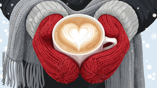 Cozy winter coffee: Hands in red mittens holding a mug with heart latte art amidst falling snowflakes