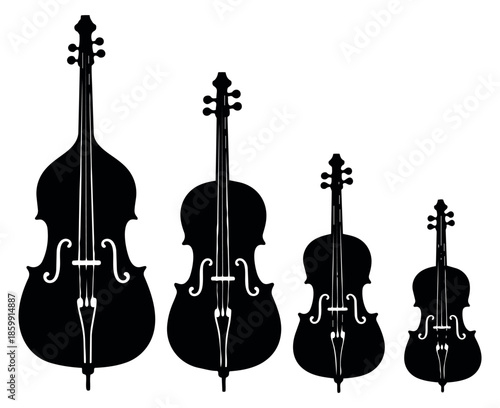 Silhouette string musical instruments set featuring a double bass, cello, viola, and violin for classical music events