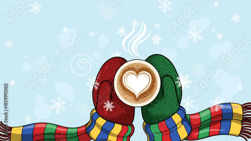 Warm winter coffee with heart latte art, mittens, and scarves on a snowy blue background. Cozy seasonal drink concept.