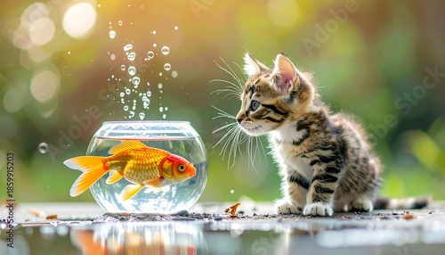 Tabby kitten staring curiously at a vibrant goldfish swimming inside a clear bowl, outdoors with bokeh background