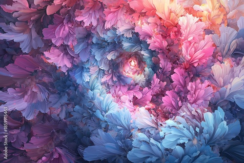Whimsical dreamlike floral art vibrant pink purple and blue flowers swirling in a captivating vortex Soft ethereal glow