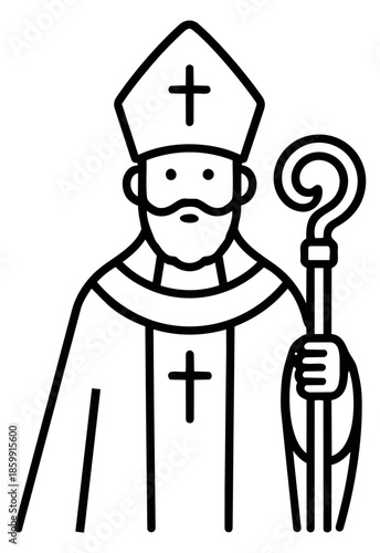 Line art illustration of a bishop depicting a spiritual leader holding a crozier for religious iconography
