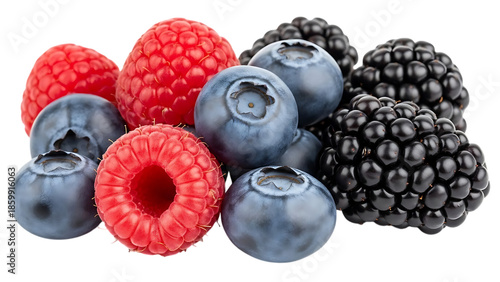 Fresh mixed berries including blueberries raspberries and blackberries isolated on transparent background