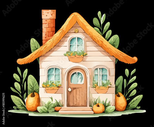 Rustic farm house with a thatched roof and green plant bushes for a traditional countryside landscape design