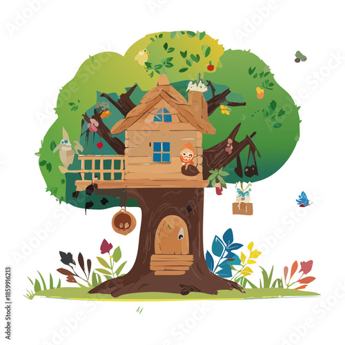 Modern tree house design with multiple levels and green plant branches for an innovative forest living concept