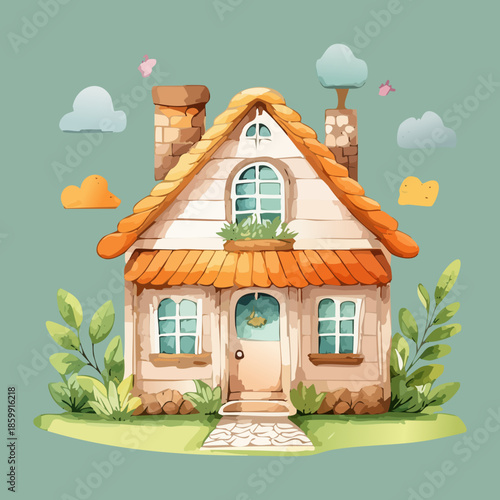 Beautiful country cottage house with a red roof and climbing green plant vines for a cozy home feel