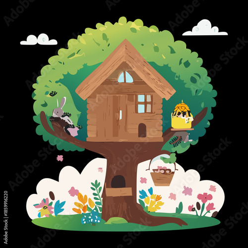 Tree house at night with a large canopy and small windows surrounded by wild forest plant life illustrations