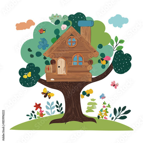 Elevated tree house cabin with a chimney and surrounding green plant foliage for a peaceful forest retreat